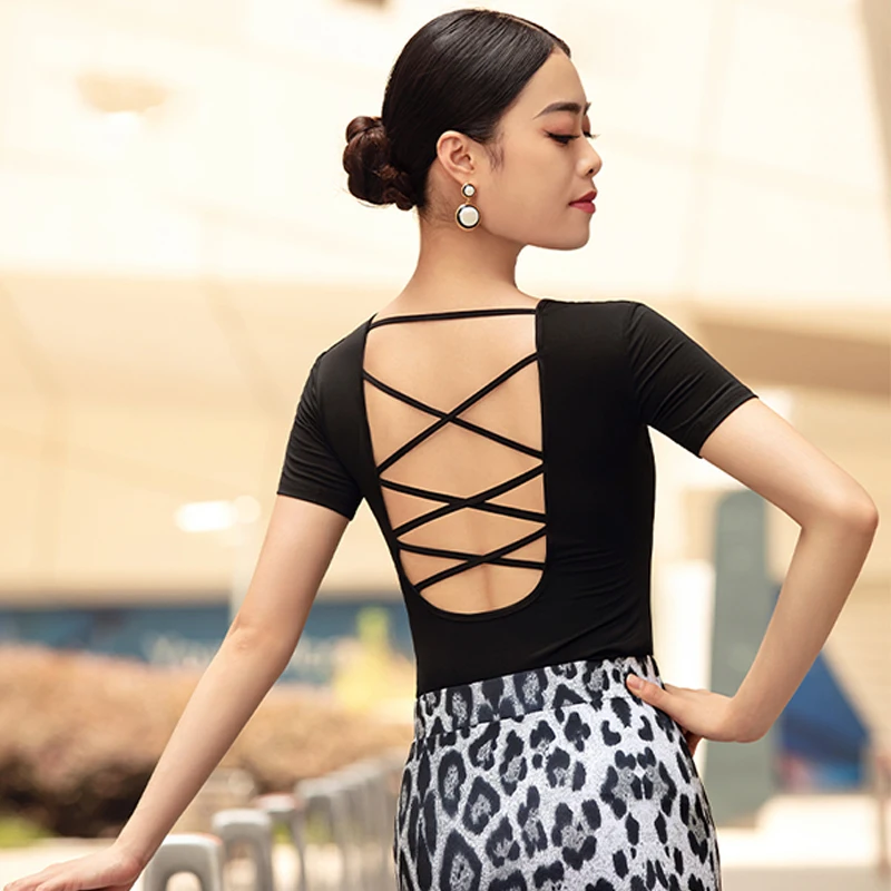 

Топ женский для латиноамериканских танцев с открытой спиной, рубашка с коротким рукавом и V-образным вырезом, Одежда для танцев и тренировок...