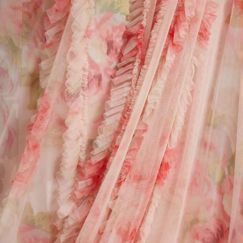 

VGH Sweet Pink Print Dress For Women V Neck Lantern Long Sleeve High Waist Ruched Slim Midi Dress Female 2021 Summer Fashion New