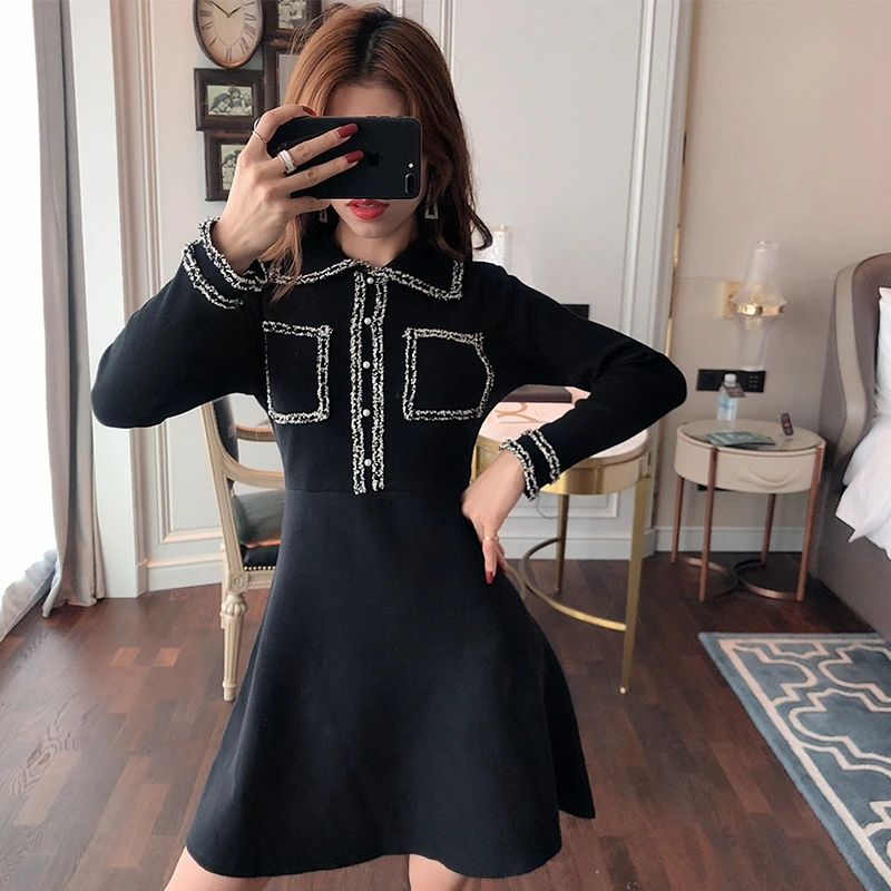 Женское платье с длинным рукавом летнее черное отложным воротником | Женская