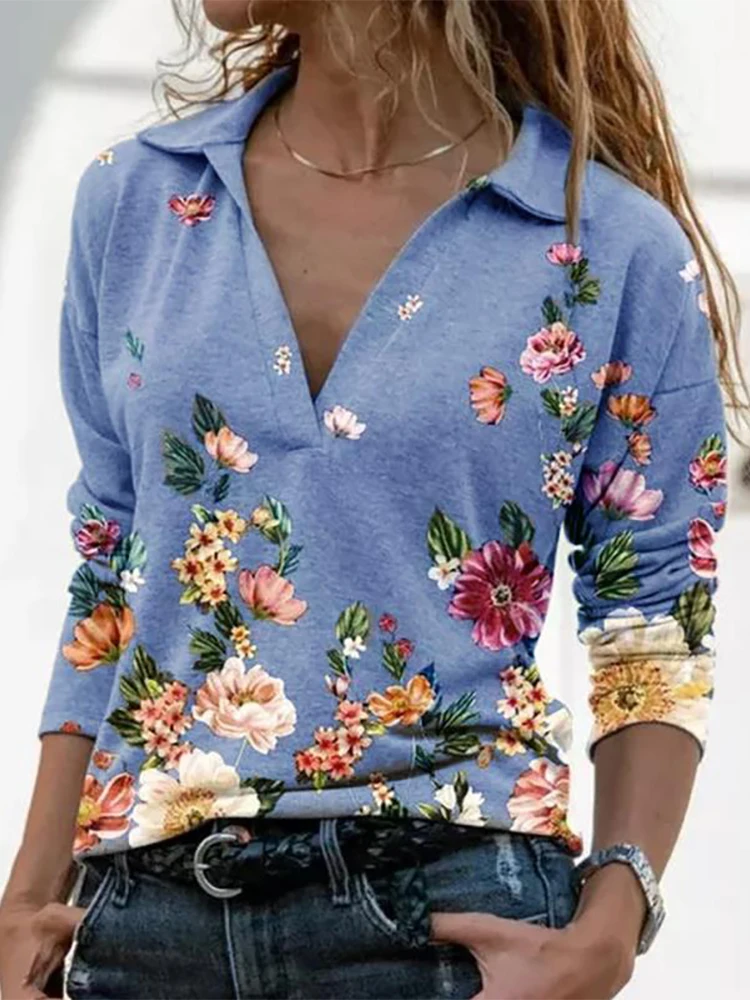 

Elegant V-Neck Women Autumn 2020 Fashion Long Sleeve Pullover Tops Vintage Floral Print Lady Shirt