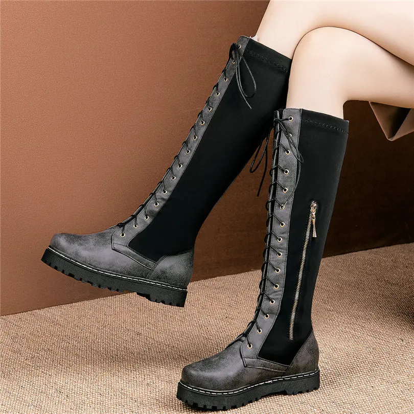 Fashion Sneakers Women Lace Up Stretch Fabric Round Toe Mid Calf Military Boots Female Low Heel Platform Oxfords Casual Shoes