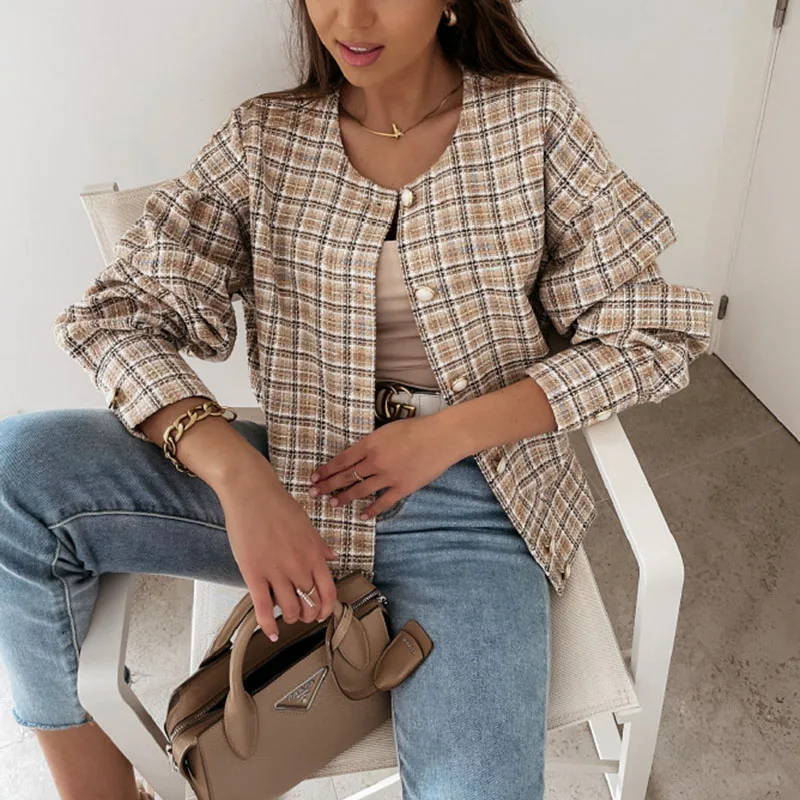 

Short Jacket 2021 Autumn Winter New Veste Femme Plaid Women Jackets And Coats Loose Round Neck Single-Breasted Varsity Jacket