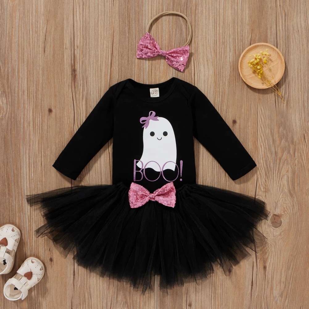 

Autumn Cute Baby Girl Cute Halloween Pattern Long Sleeve Mesh Skirt Headband Three-piece Black Instagramable Dress Suit