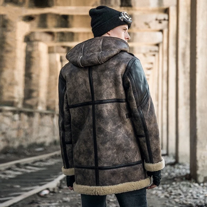 

Mens Italian Military Shearling Mid Long Jacket Natural Lamb Wool Real Sheep Fur Lining Coat Leather Biker Loose 6XL Overcoat