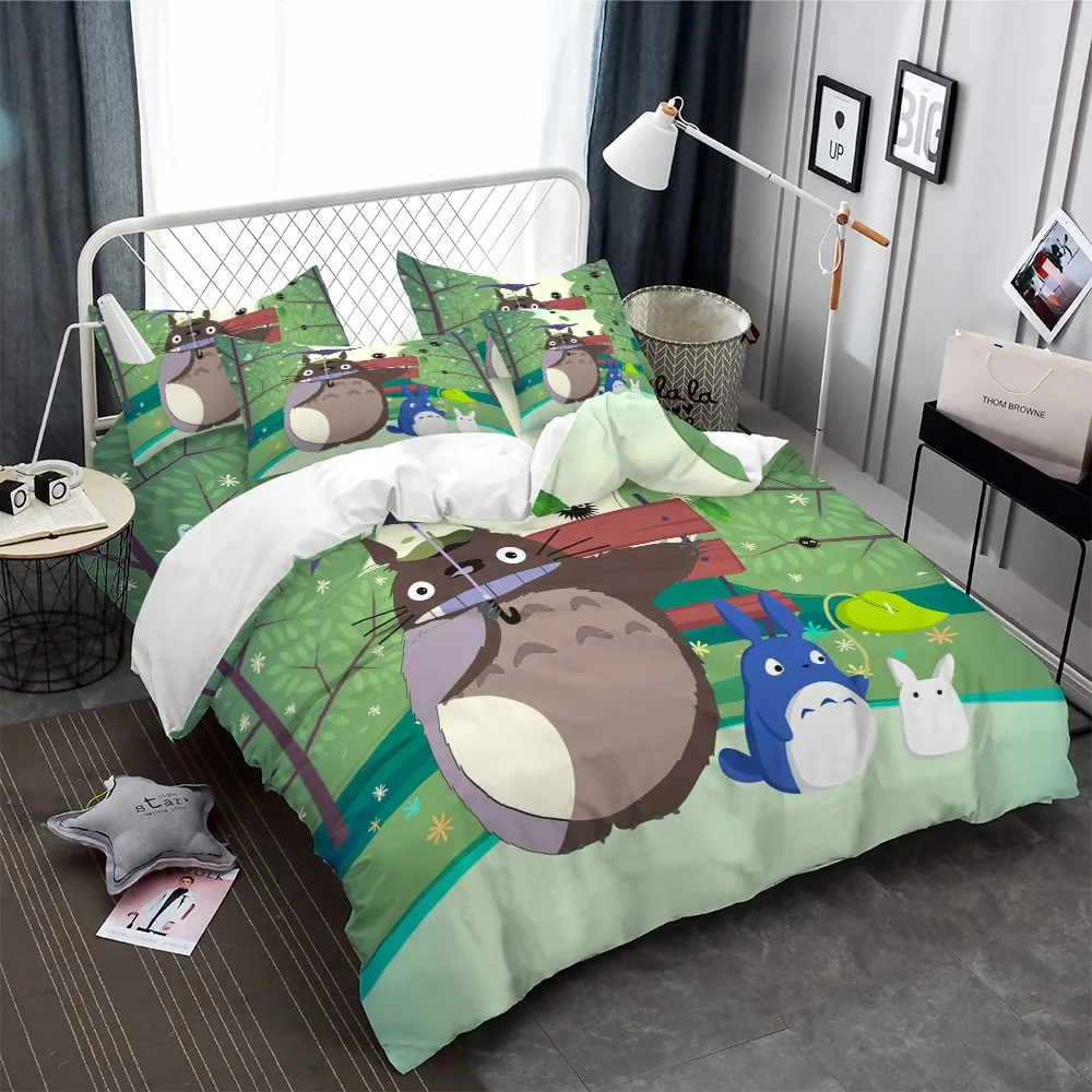 

2/3 Pieces Cartoon Totoro Bedding Set 3D Print Green Background Duvet Cover Home Bed Quilt Cover Set For Bedroom Bed Cover Sets
