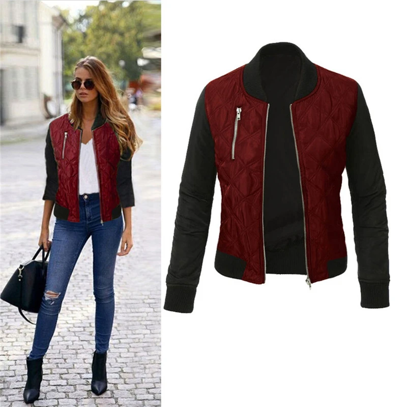 

Fashion Womens Bomber Jacket Ladies Zip Up Biker Quilted Coat Tops S-3XL New 2019 Plus Size Basic Jacket