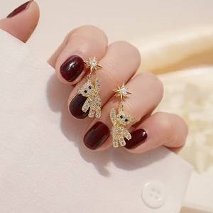 Новое поступление, полностью алмазные Сияющие серьги с милым медведем для женщин, очаровательные серьги-подвески с цирконием и кубическим цирконием, ювелирные изделия, аксессуары для подвесок