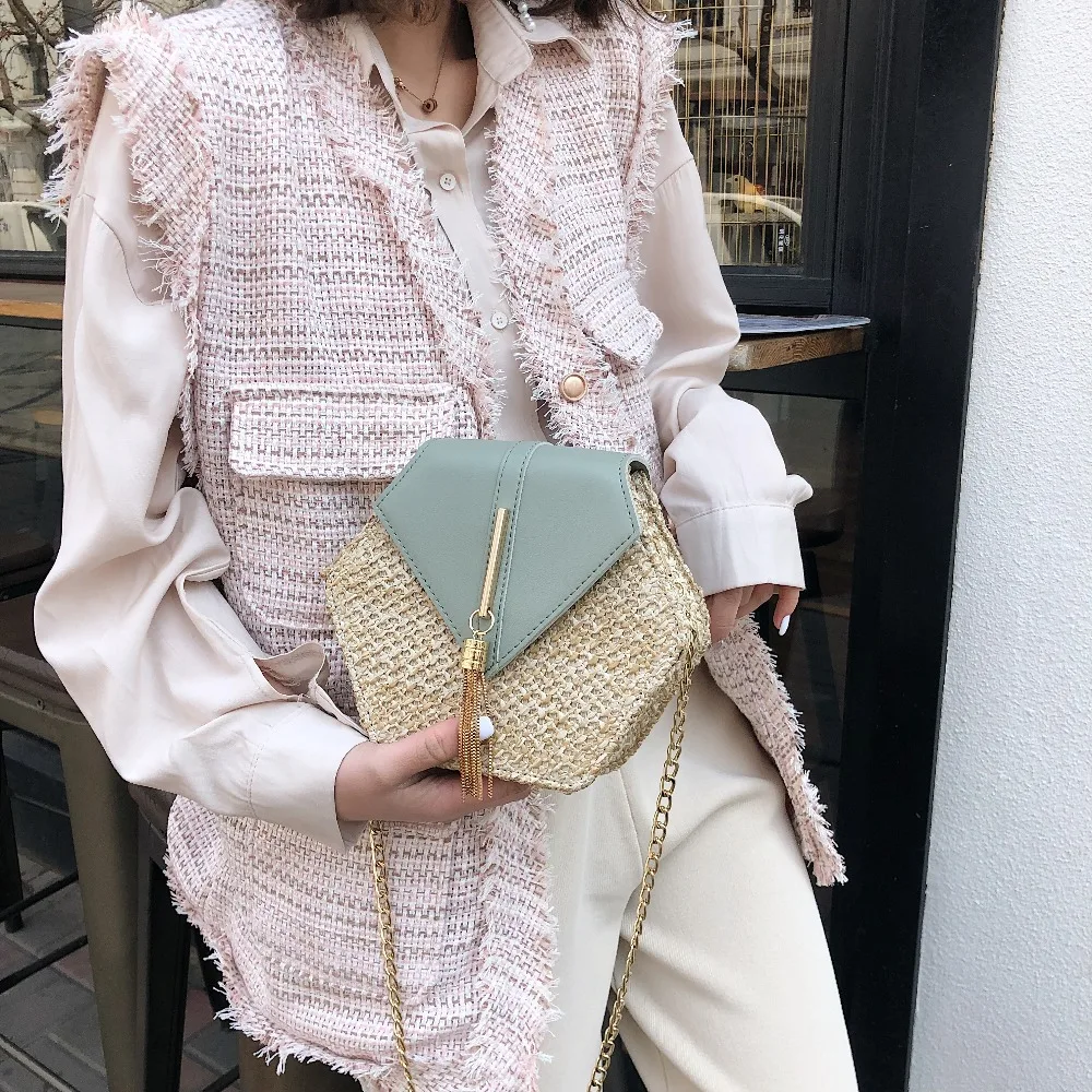 

Шестиугольная Соломенная Сумка для женщин, лето 2020, плетеные пляжные сумки через плечо, женские маленькие кошельки и сумочки, Женская Прост...