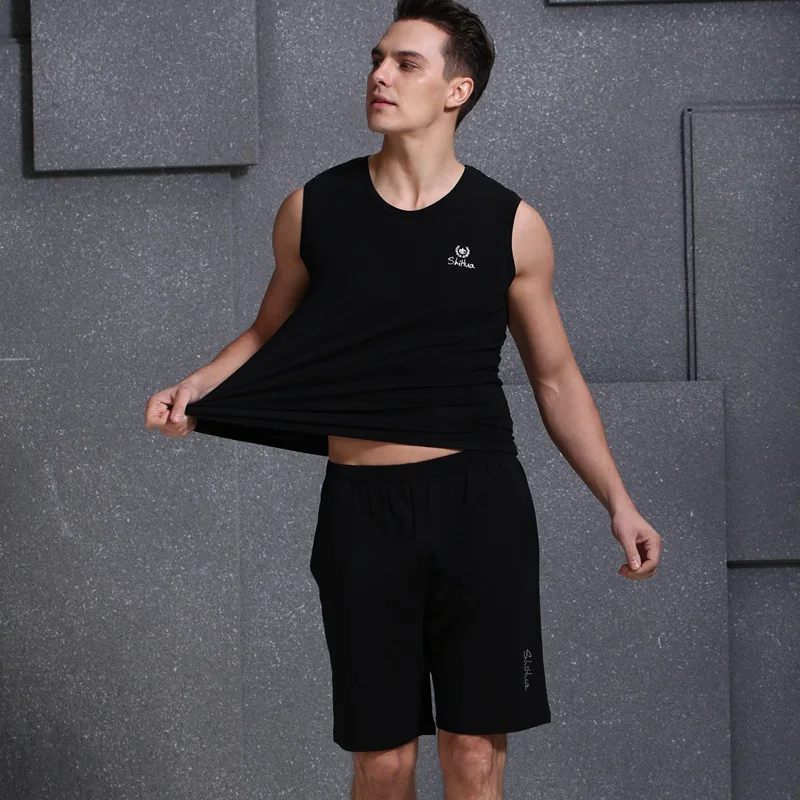 

Men Summer Modal Cotton Mercerized Super Cool Epoxy Tracksuit WiShoulder Vest Carapace Shorts Set Home Wear