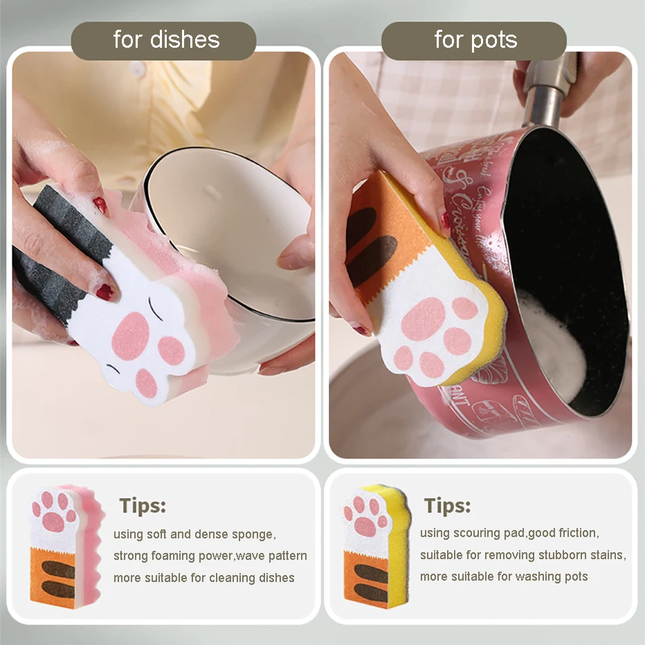 3PCS Kitchen Scrub Sponge Cute Cat Paw Shape Non-Scratch Dishwashing Heavy Duty Pad for Cleaning Dish Scrubber | Дом и сад