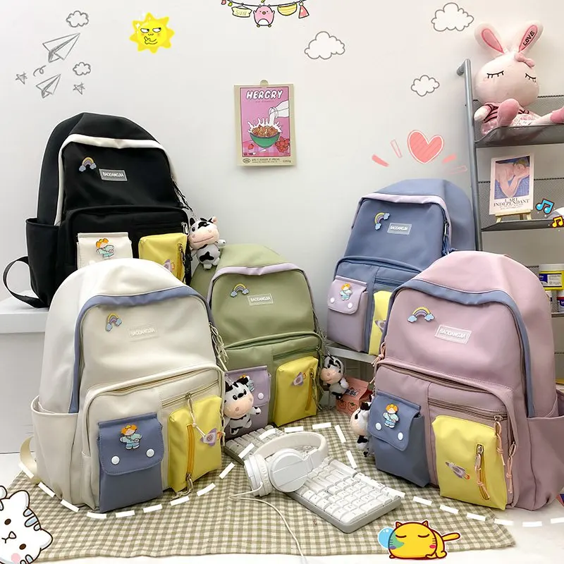 Canvas Schoolbags For Teenage Girls Children Shoulder Bags Trend Female Backpack Fashion for Women with Rainbow Green Pink