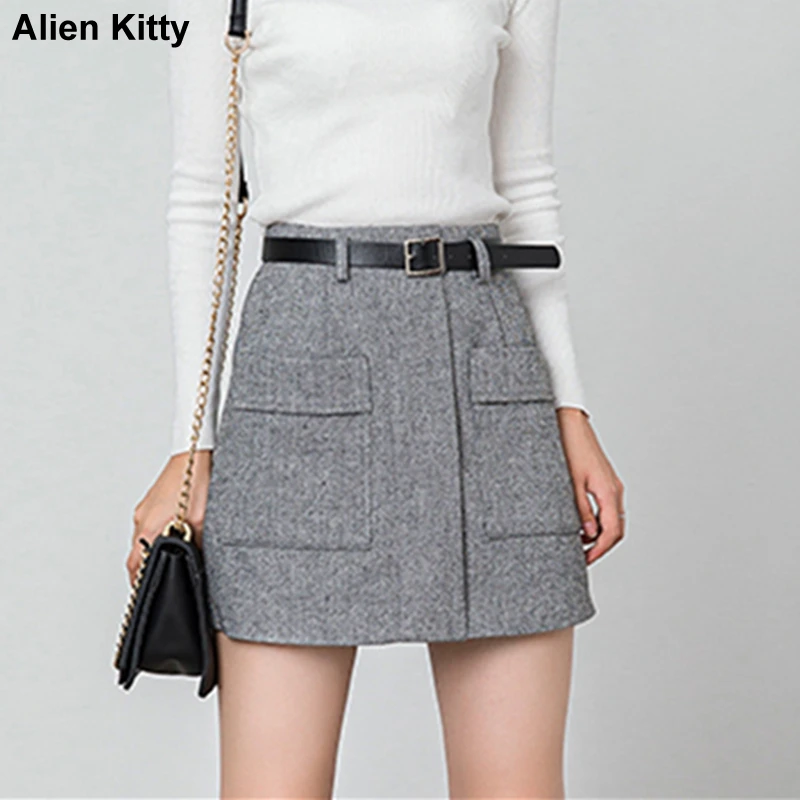 

Женская винтажная офисная юбка Alien Kitty, серая трапециевидная юбка в полоску с высокой талией и карманами, без пояса, в Корейском стиле, весна ...