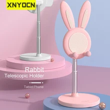 Xnyocn Cute Bunny Phone Metal Holder Desktop Cell Phone Stand Height Adjustable For iPhone iPad Tablet Foldable Extend Support