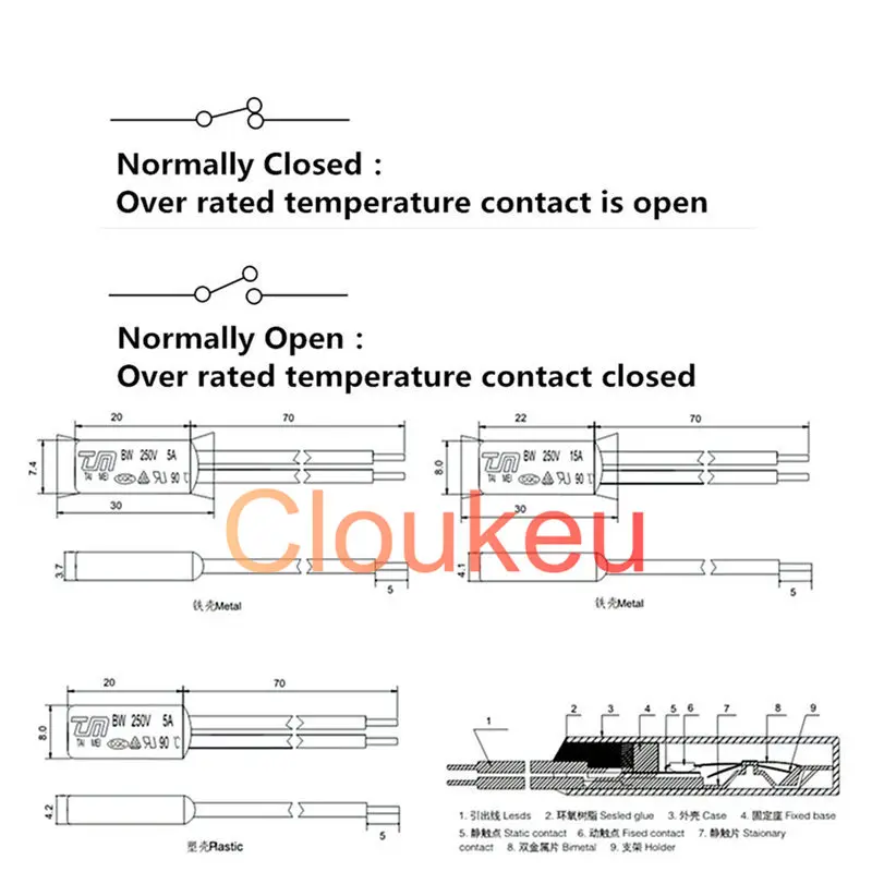 5Pcs KSD9700 10A Ceramic Temperature Switch Thermal control Normally Closed/Open 105/110/115/120/125/130/135/140/145/150 Celsius |