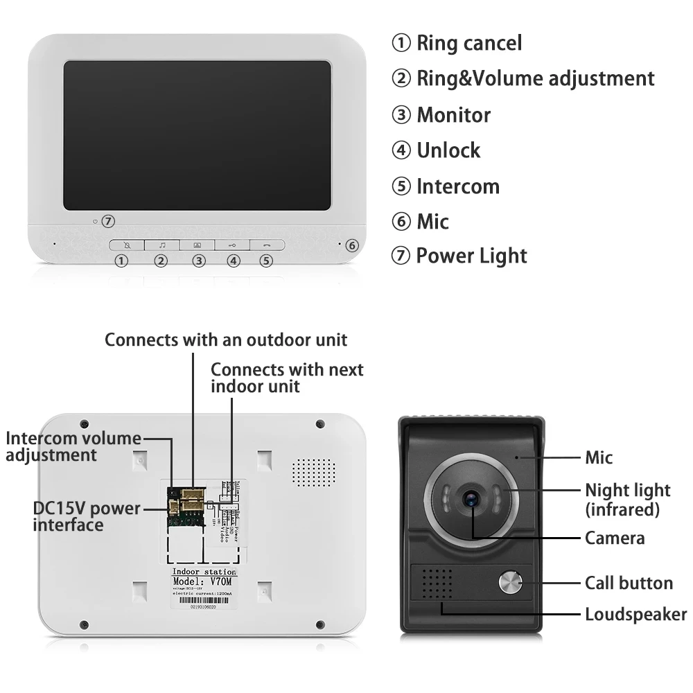 

7 inch Wired Video Door Phone Intercom Doorbell Dual-way Talk System Support Electric Lock for Home Security