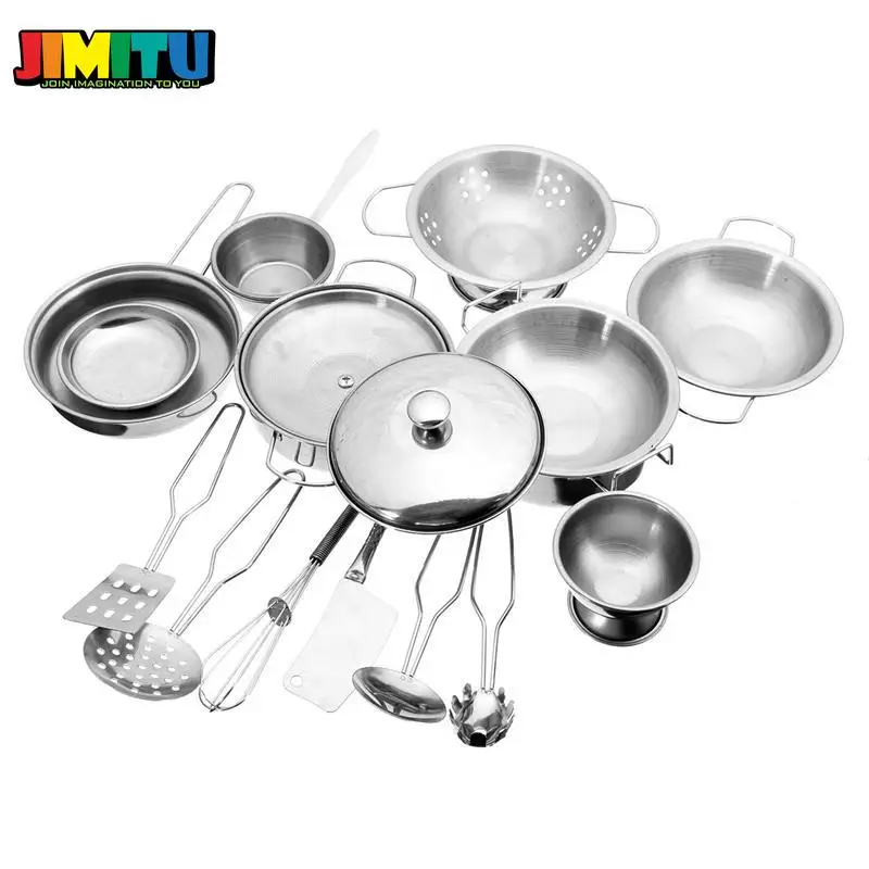 JIMITU Luxury Stainless Steel 16PCS Kitchen Cooking Play House Toys For Kids Mini Model Kitchenware Cookware Kit |