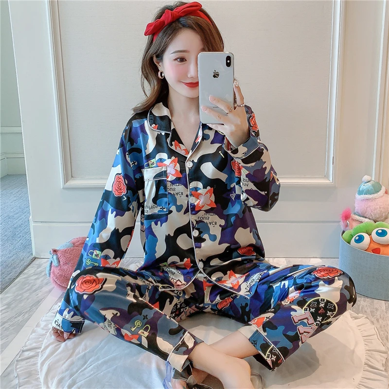 Пижама женская с длинным рукавом и v образным вырезом|Комплекты пижам| |