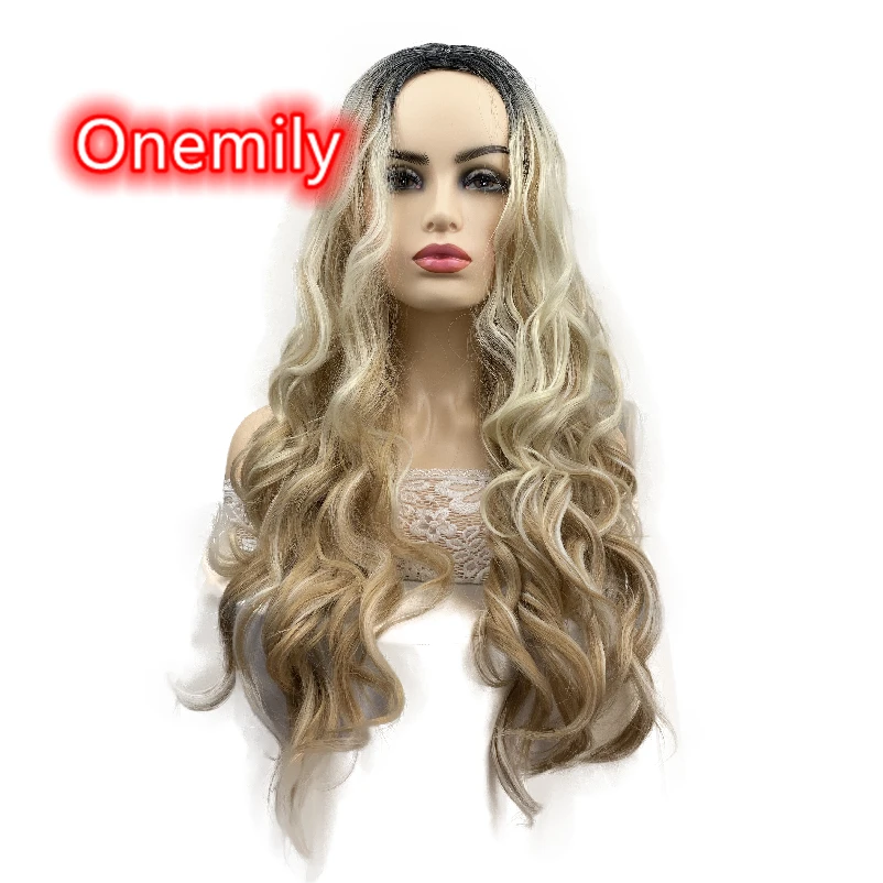 

Onemily Long Wavy Wave Heat Resistant Synthetic Ombre Wigs for Women Girls with Bangs Theme Party Out Fun Blonde with Black Root
