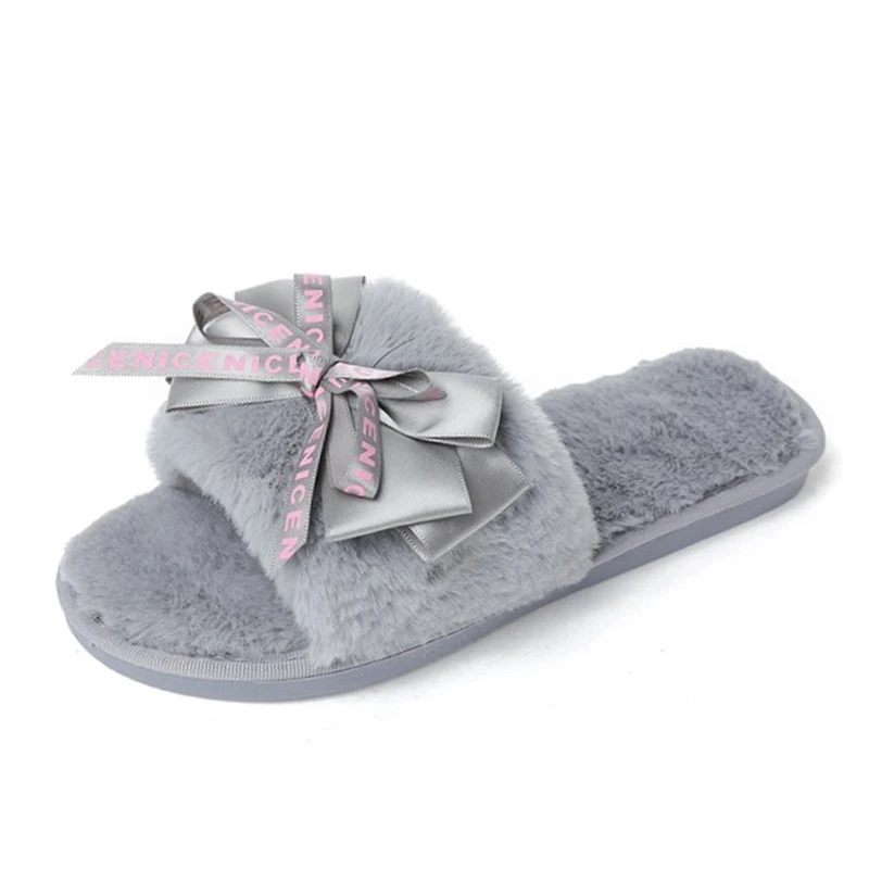 

Women Plush Home Slippers Cute Butterfly-knot Faux Fur Warm Flat Girls Shoes Slip on Autumn Winter Indoor Furry Ladies Slides