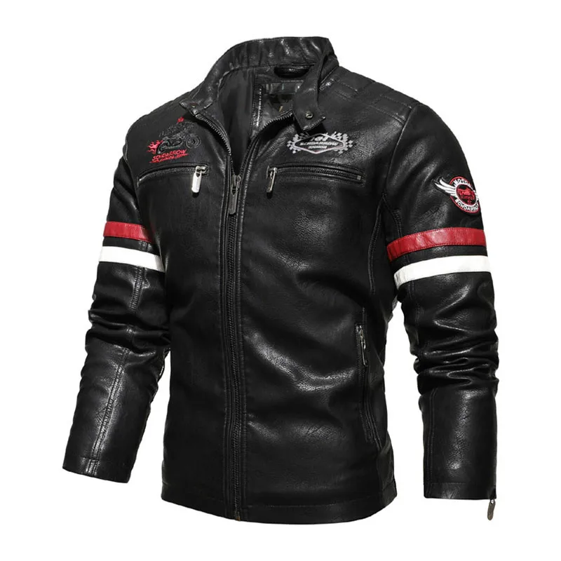 

Motorcycle PU Jackets Men Embroidery Epaulet Leather Jacket Tops Male Warm Windproof Stand Collar Biker Racing Suits Windbreaker