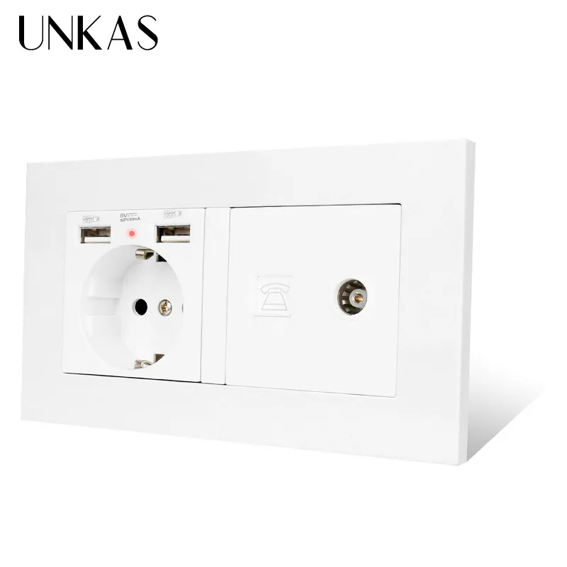 UNKAS Пластик Панель настенная розетка стандарта ЕС 2 USB зарядка Порты и разъёмы