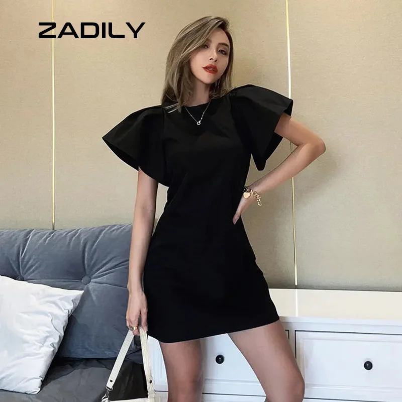 

ZADILY Gothic Style Flying Short Sleeve Mini Dress 2021 Summer Fashion O Neck Chiffon Black Club Ladies Bodycon Dresses Party