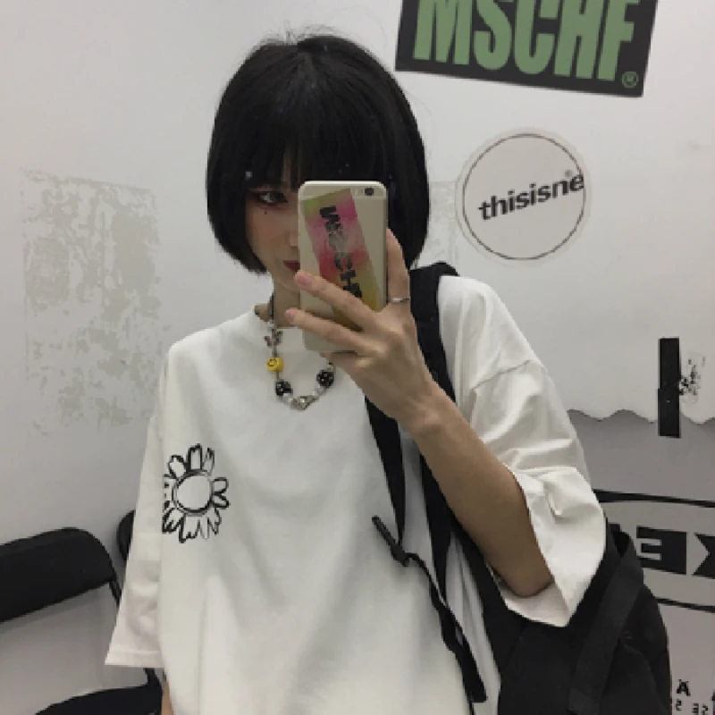 Новая повседневная футболка из 100% хлопка с круглым вырезом и цветочным принтом