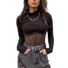 Женские сексуальные сетчатые Лоскутные черные короткие топы, Женская водолазка с длинным рукавом, облегающий модный элегантный укороченный топ для клувечерние, футболки