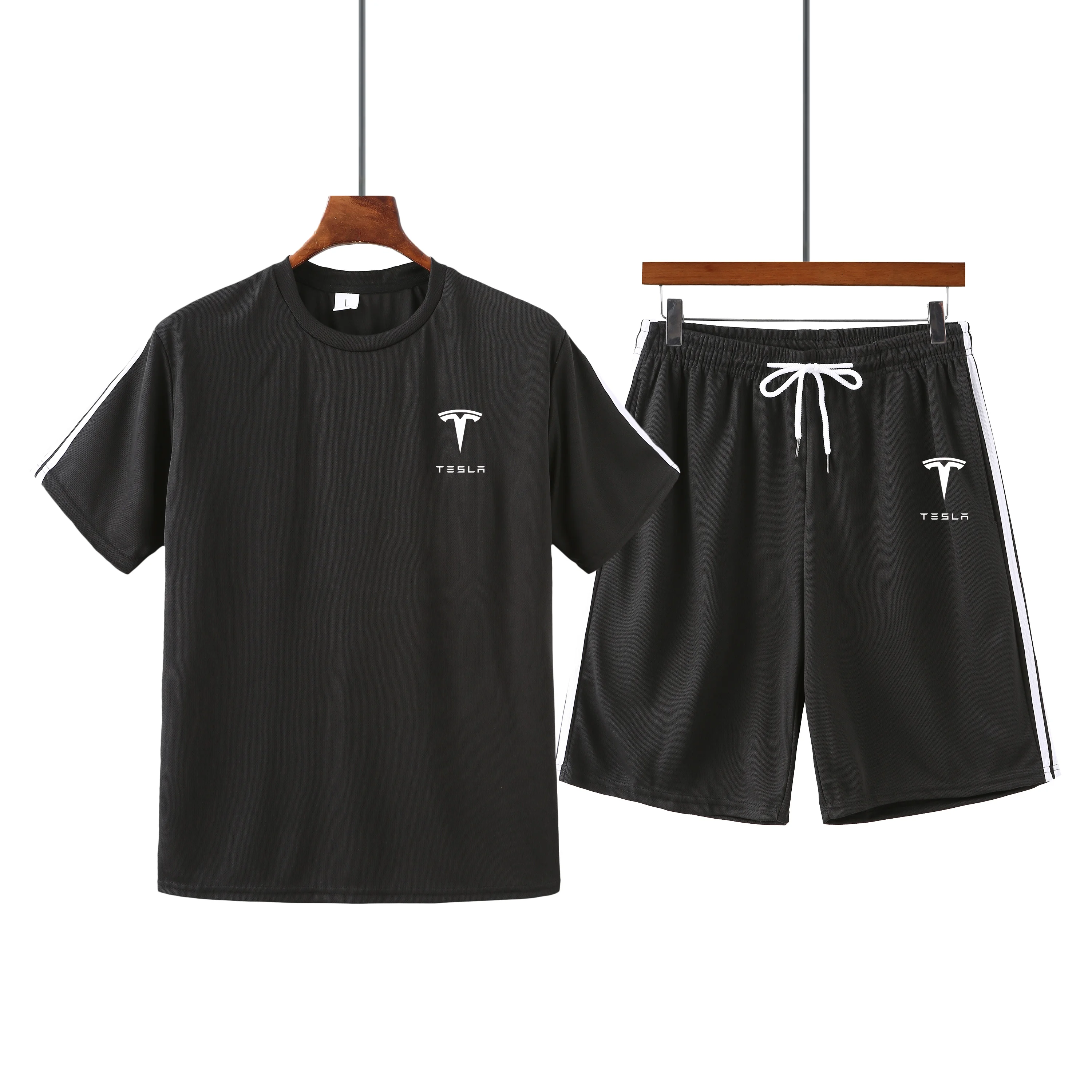 

Tesla Car 2021 New Mens Summer Casual Fitness Suit Running Mesh Breathable O-Neck Short-Sleeved T-Shirt Quick-Drying 2-Piece Set