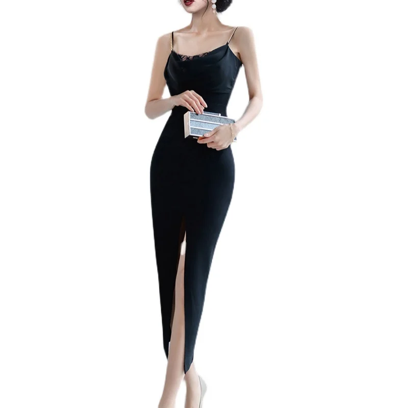 

Summer Cami Black Silm Fit Sleek Dress Elegant High Split Sexy Party Dress Ankle Length Elastic Girls Women