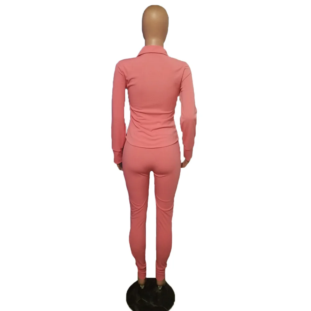 

Sexy Solid Skinny Streetwear Fashion Sets Deep V-Neck Single-breasted Full Sleeve Tops And High Waist Fitness Ankle-Length Pants