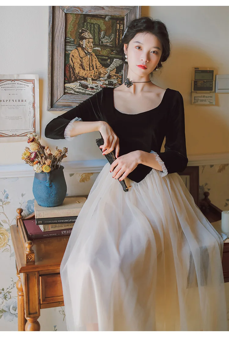 

YAMDI vintage dresses woman party night female chic patchwork elegant luxury bohemian square collar spring runway long dress new