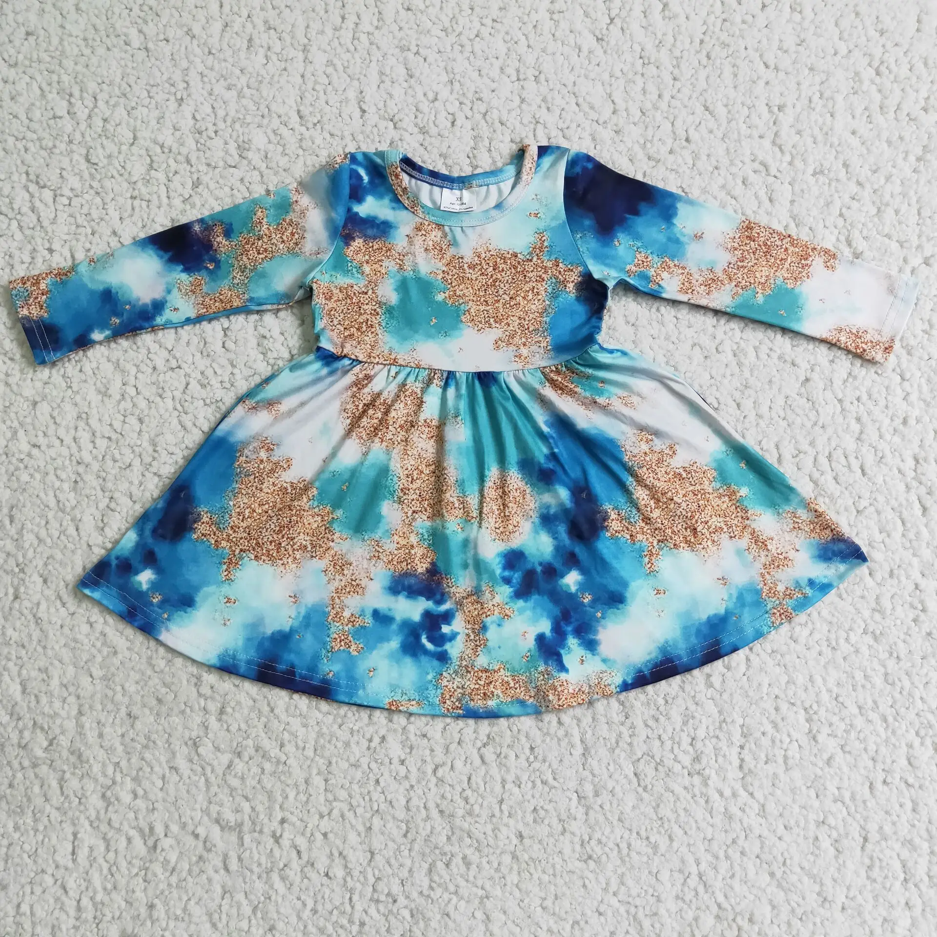 

Tie Dye Girl Dress Knee Length Blue Golden Bling Design Milk Silk One Piece Fall Kids Clothing Baby Skirt Spring Children