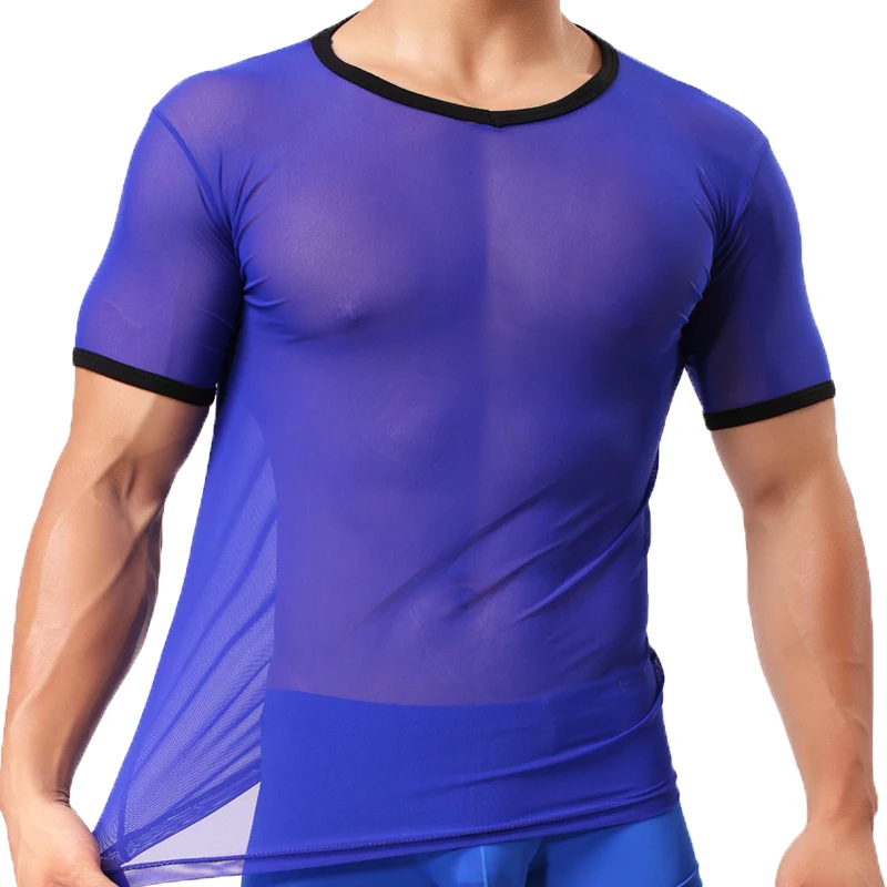 Синий Популярные мужские футболки прозрачные сетчатые Прозрачные топы, футболки, Сексуальная мужская футболка с круглым вырезом, майка для геев, мужская повседневная одежда, футболка, одежда - Цвет: Синий