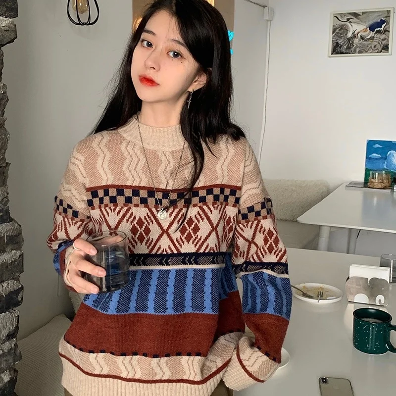 Пуловер женский трикотажный контрастного цвета в стиле ретро | Женская одежда