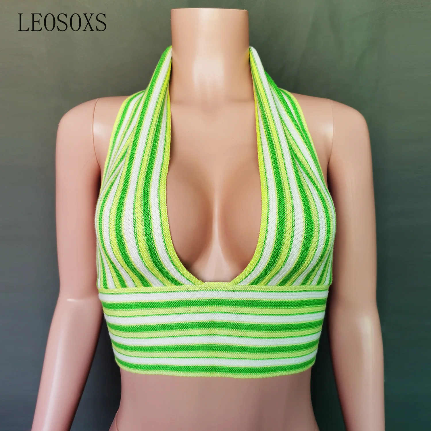 

LEOSOXS Women's Y2K Sexy Deep V Neck Knit Halter Crop Cami Top Tie Back Strip Sleeveless Backless Crop Top Off Shoulder Tanks