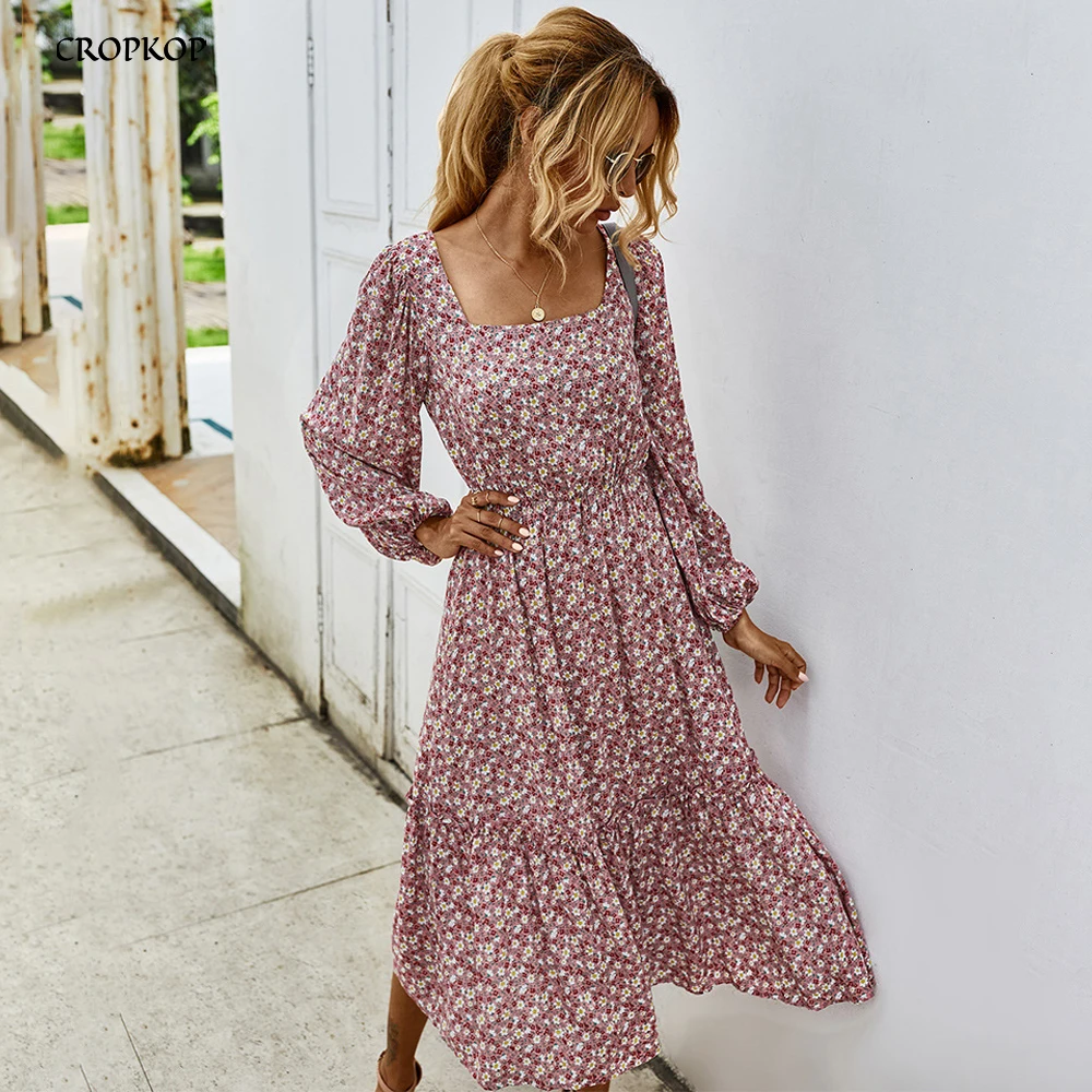 

Women Long Dress Autumn Winter Long Sleeve Elegant Ladies Flower Square Collar Dresses Party 2020 Black Clothes For Woman