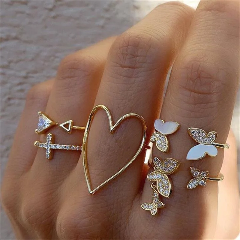 

5Pcs/Set Vintage Bohemian Ring Heart Butterfly Gold Color Rings Crystal Geometric Knuckle Rings For Women Jewelry Gifts