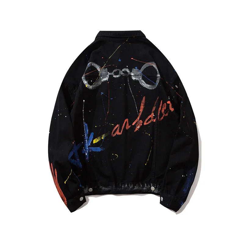 

ABOORUN Men's Hip Hop Denim Jackets Fashion Hands Graffiti Printed Denim Jackets Streetwear Coat for Male