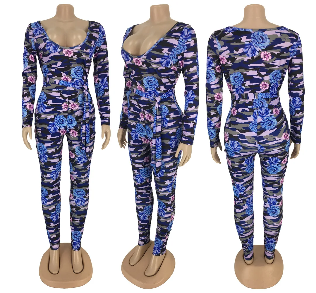

Fall Autumn Winter Women Jumpsuits V-Neck Full Sleeve Floral Print Sexy Sashes Rompers Sexy Night Club Party Outfits