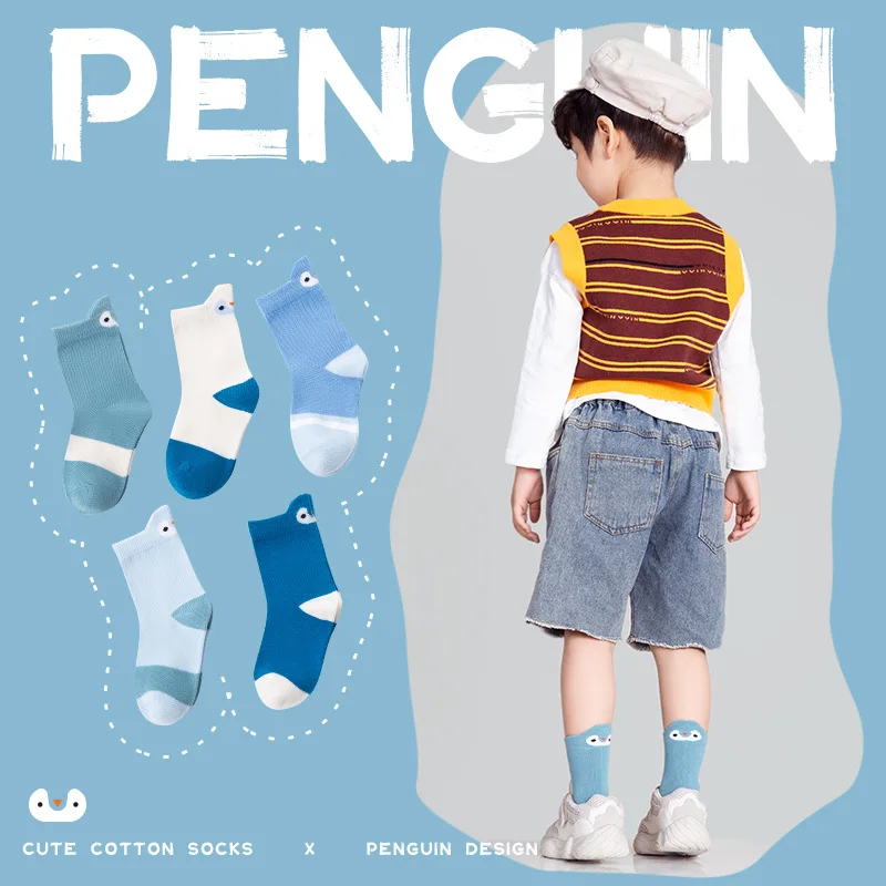 

5 Pair/Lot Children Thick Warm Cotton Terry Penguin Pattern Socks Hip Hop Street Dance Pattern for Winter Baby Boys