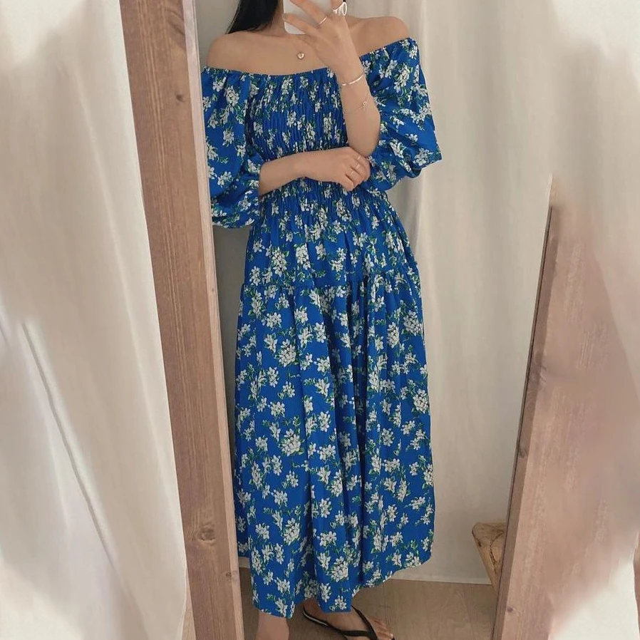 

2021 New Women Summer Blue Long Floral Dress Elastic Bust Slash Neck Slim Waist A-line Pullover Maxi Sundress