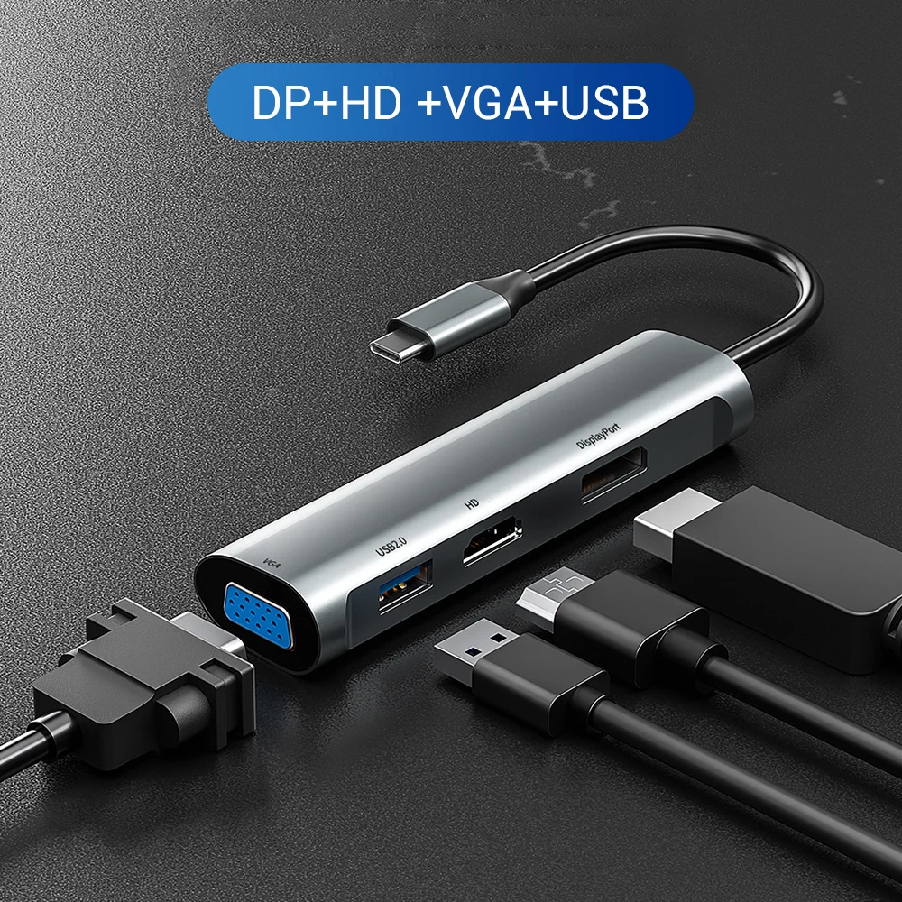 

Type C Hub 4 Ports Type-C to RJ45 PD Fast Charging 4K 60Hz HDMI-Compatible VGA DisplayPort USB 2.0 Docking Station Splitter