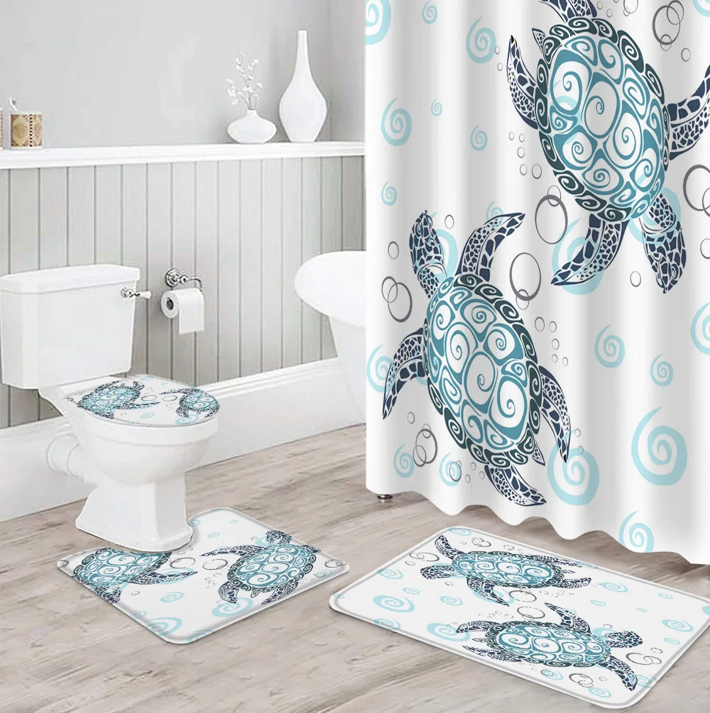 Bathroom Waterproof Shower Curtain Turtle Sea Bubble Deep Blue Pedestal Rug Lid Carpet Toilet Cover Set Bath Mat | Дом и сад
