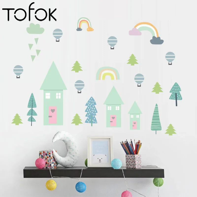 

Tofok Rainbow Trees DIY Wall Sticker Cartoon Nordic Style Warm Kids Room Nursery Dorm Mural Decal Removable Background Wallpaper