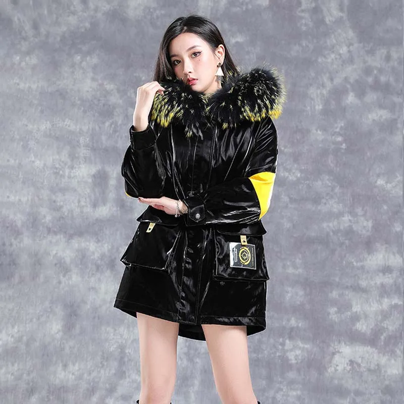 Black Glossy Parkas Women Winter Jacket Hooded Zipper Raccoon Dog Fur Collar Rabbit Fur Coats Fashion Trendy Mid-length Overcoat