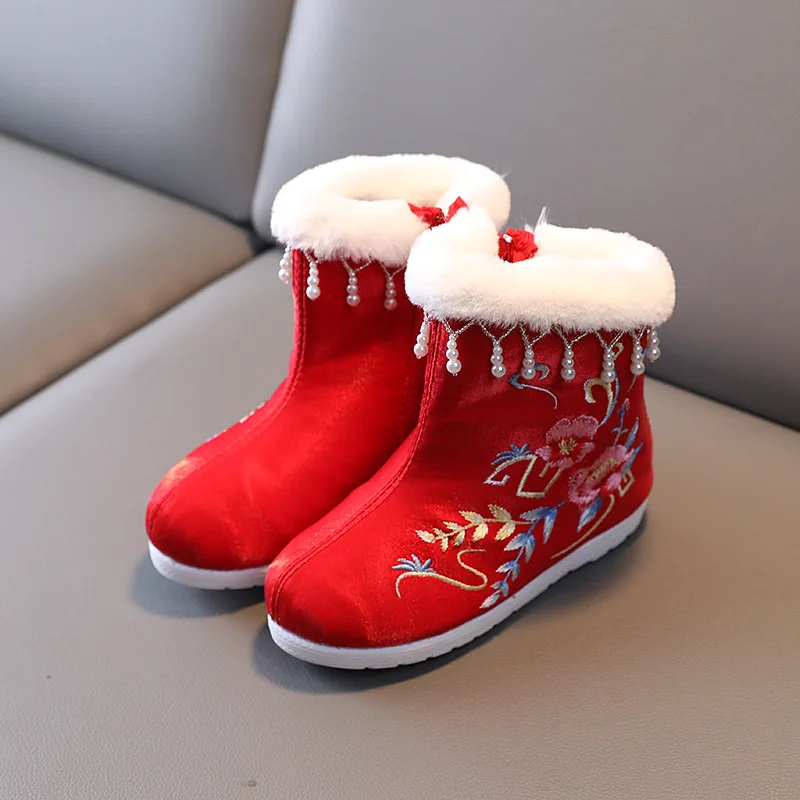 Ботинки с вышивкой для девочек осенне-зимние ботинки Hanfu детская Тканевая обувь