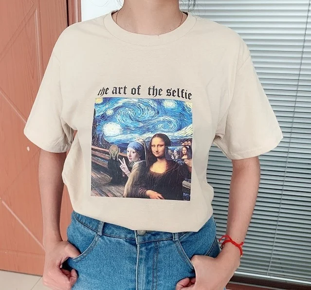 Kuakuayu HJN-Camiseta de arte para selfis, ropa divertida de Mona Lisa, noche estrellada, arte impreso, camiseta de manga corta para mujer, Van Gogh, 1 ud.