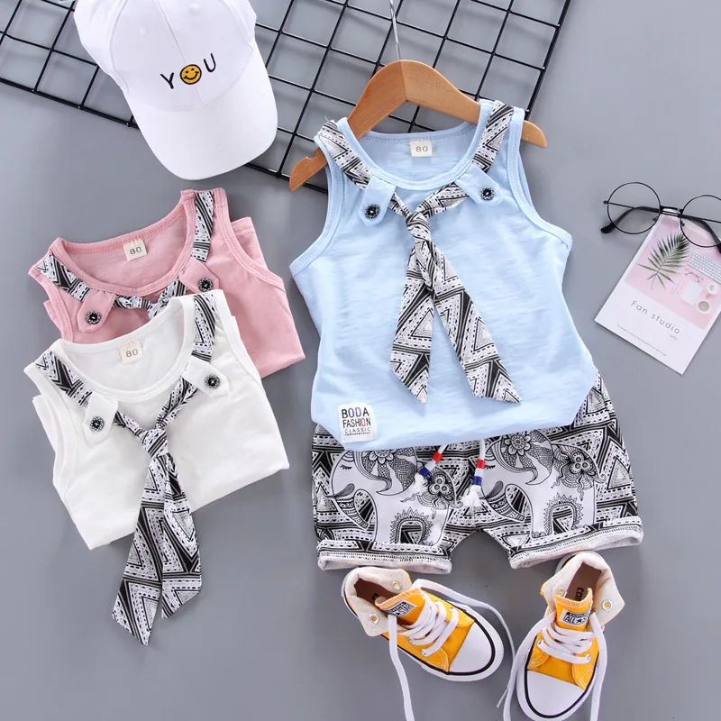 

Fashion Brand Children Boys Girls 2pcs Tie TShirt Cotton Vest Cartoon Short Pant Baby Clothes 2020 New Summer Kids Clothing Sets