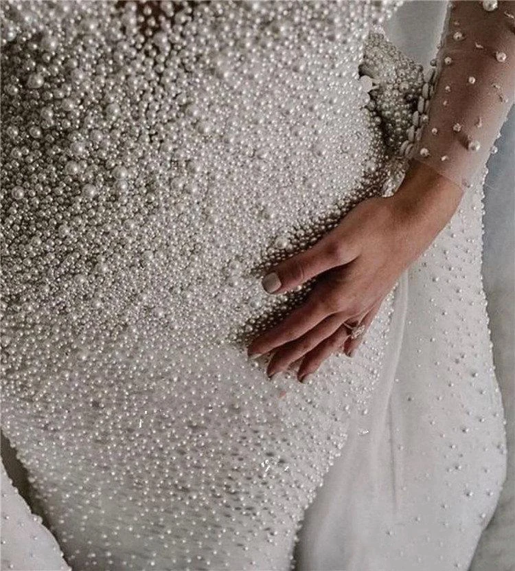 Luxury Full Pearl Beaded Saudi Arabic Mermaid Wedding Dresses 2020 With Detachable Train Long Sleeves Plus Size Bridal Gown